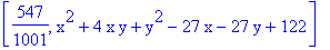 [547/1001, x^2+4*x*y+y^2-27*x-27*y+122]